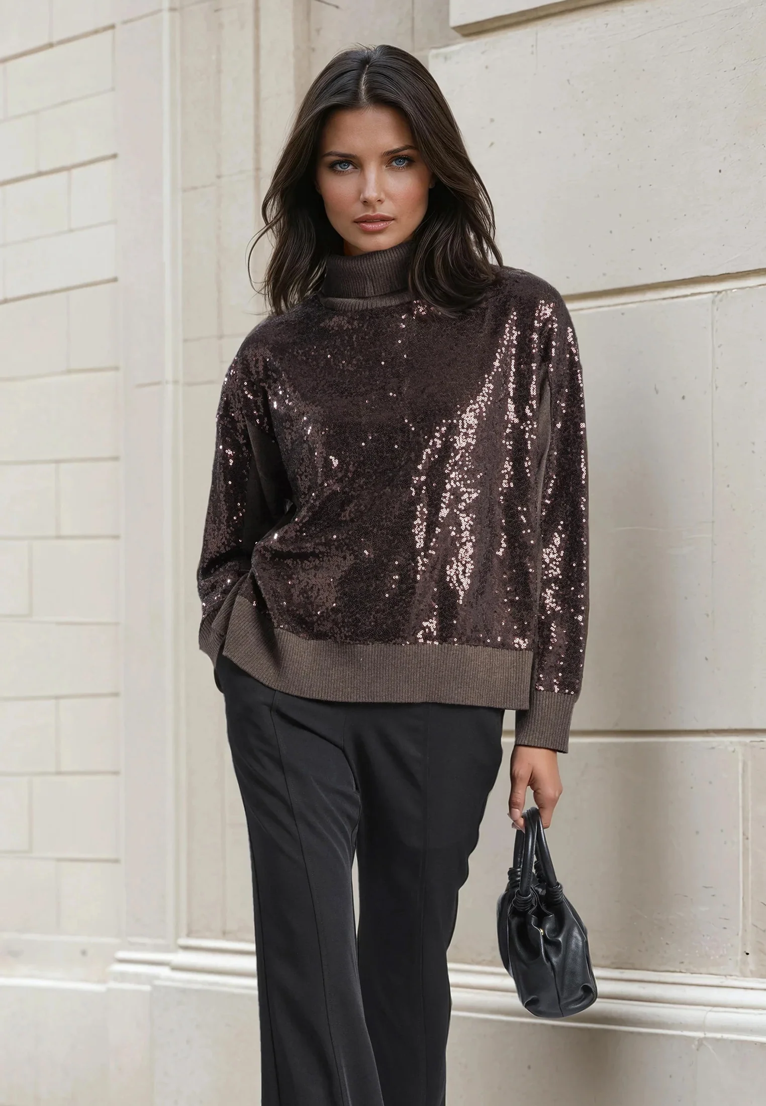 HAILEY TURTLENECK CHOC SEQUIN