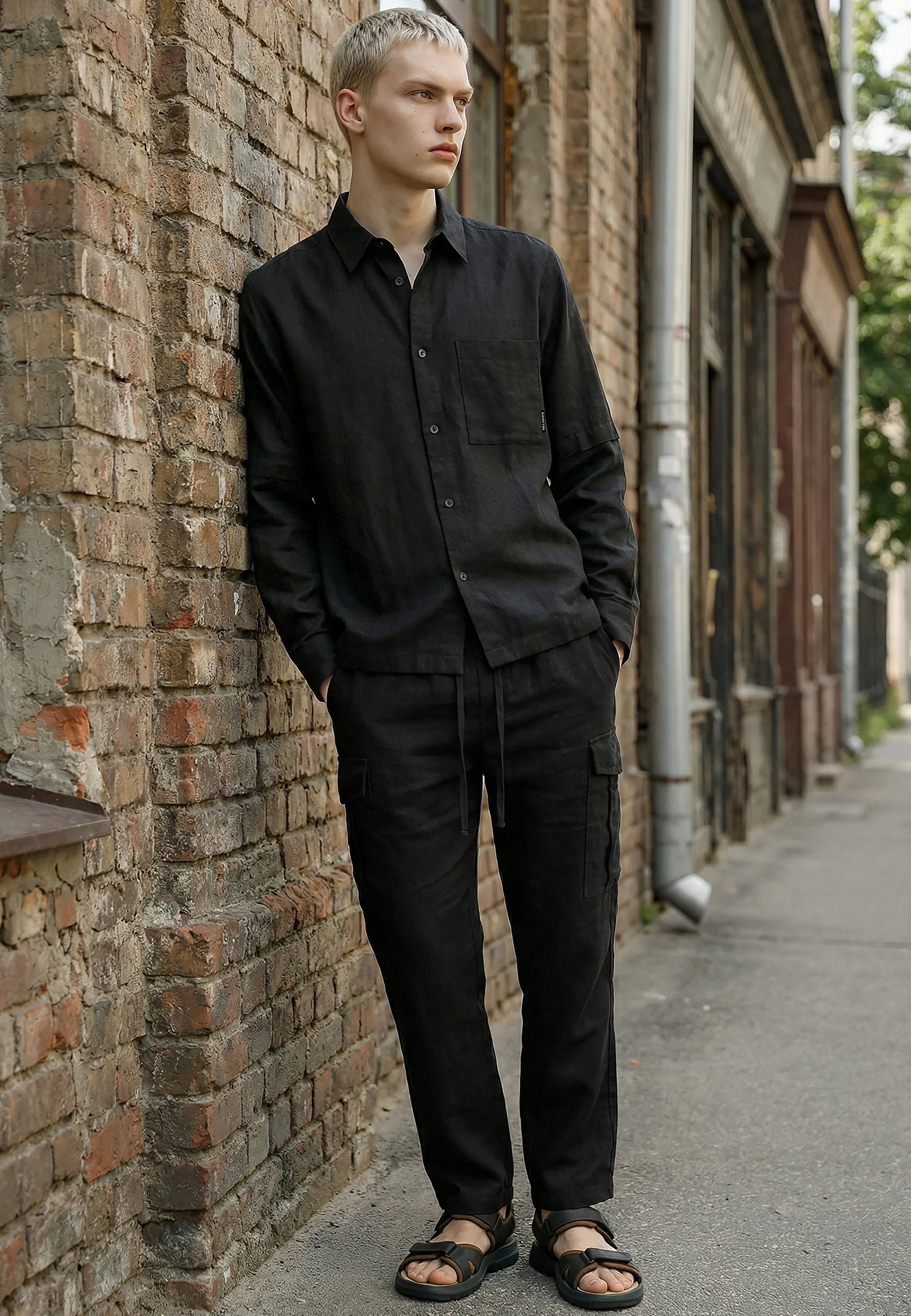 DOUBLE SLEEVE LINEN SHIRT BLACK - Image 5