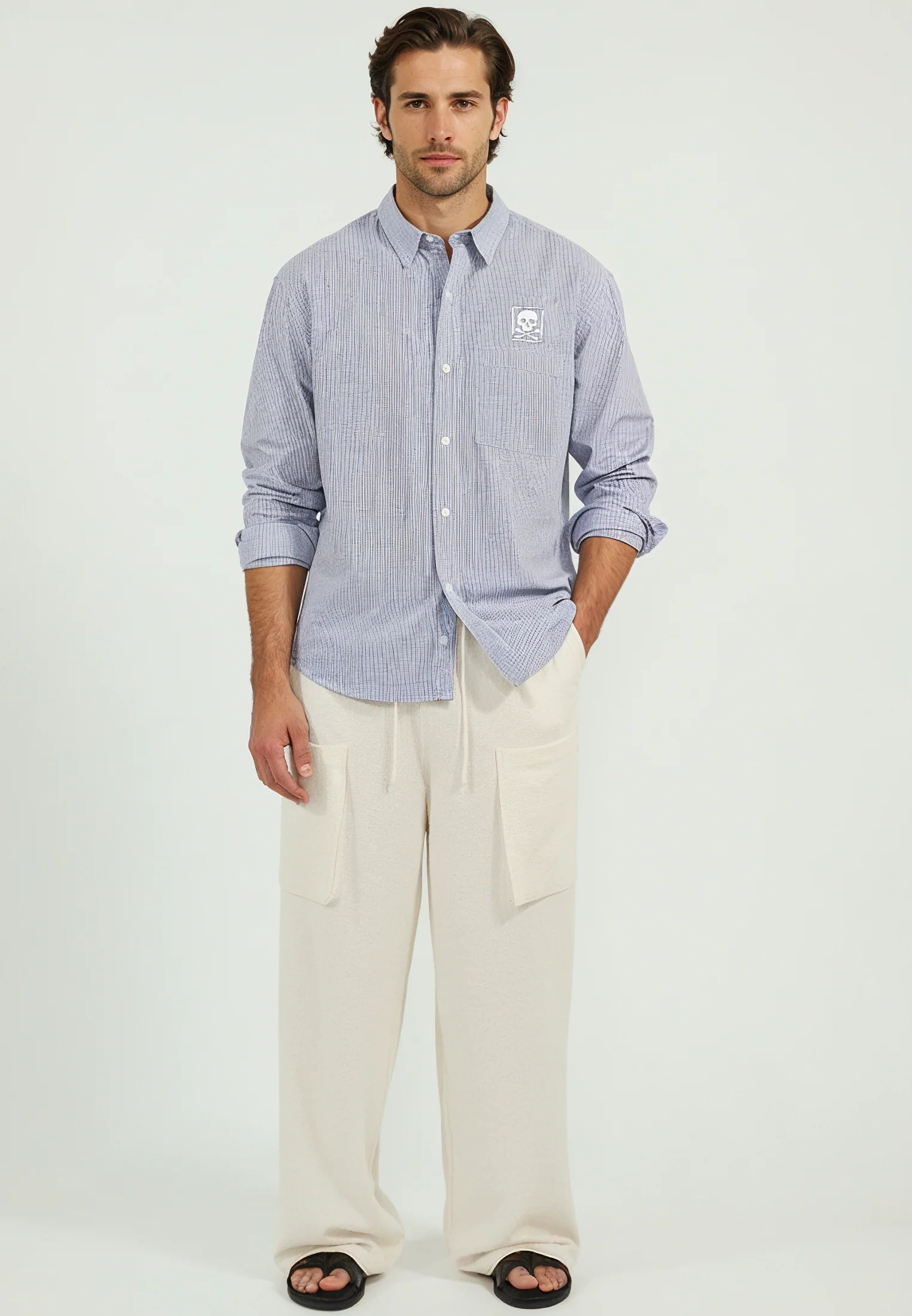 EMBROIDERY SKULL SHIRT LIGHT BLUE - Image 3