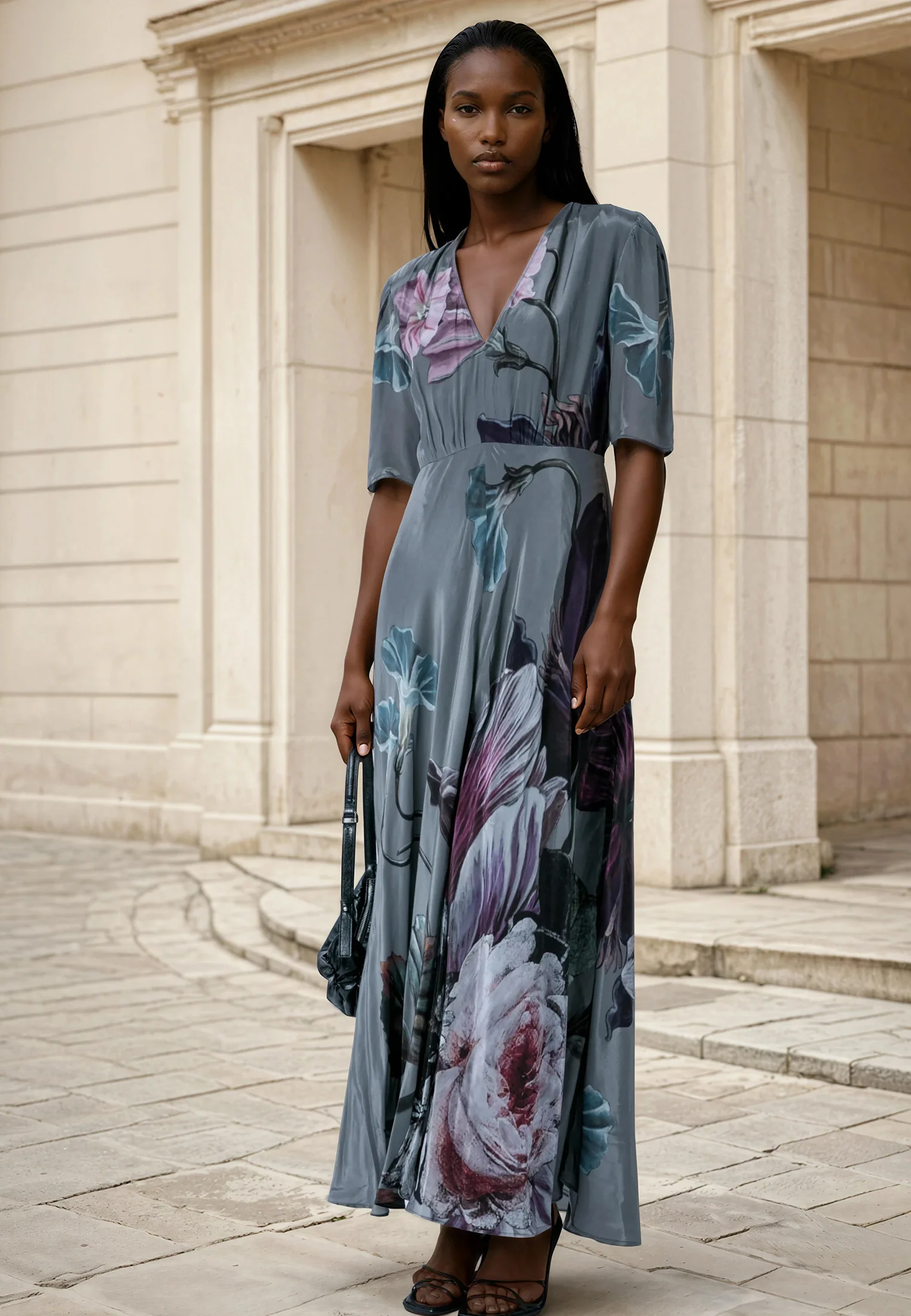 ENID MAXI TEA DRESS FLORAL TAUPE - Image 2