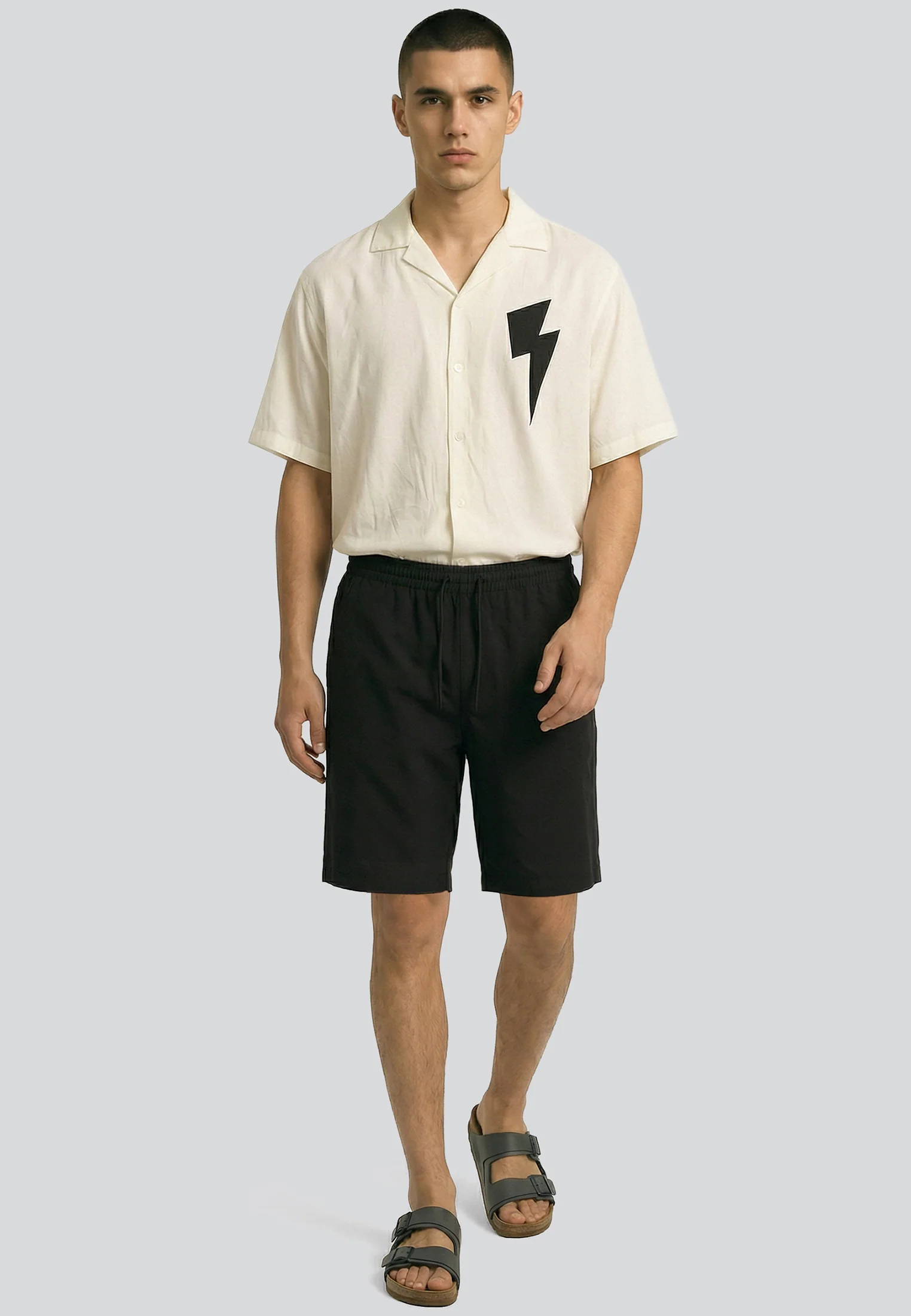LINEN ELASICATED 3/4 CHINO SHORTS BLACK - Image 5