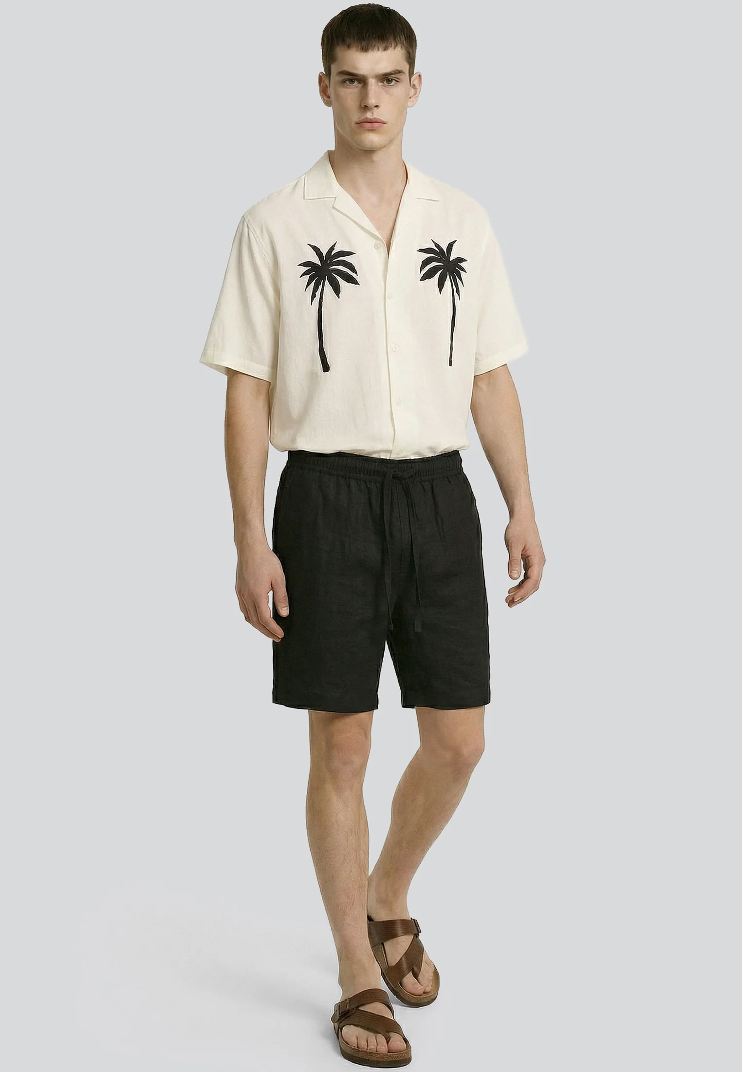 LINEN ELASTICATED CHINO SHORTS BLACK - Image 5