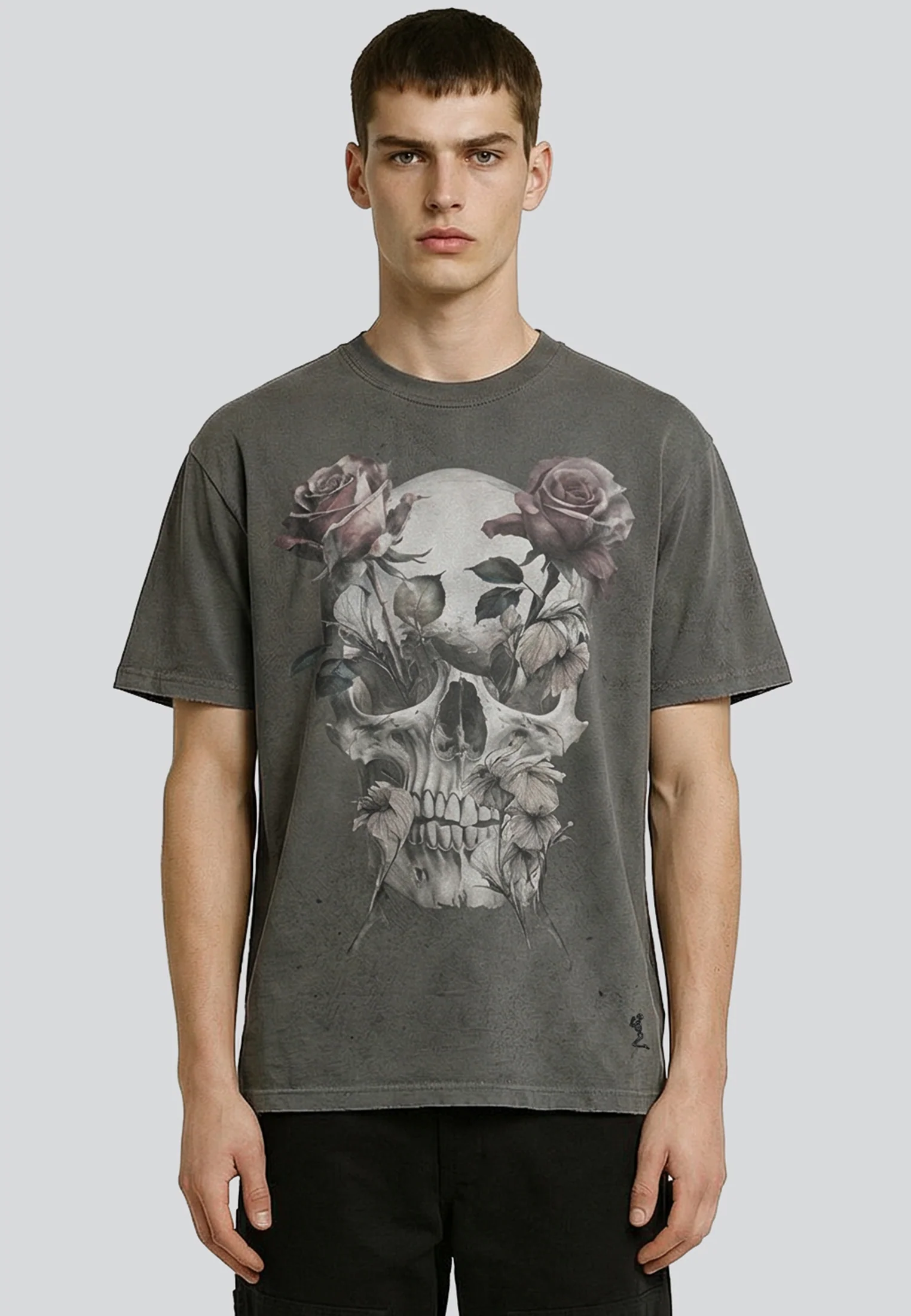 SKULL CROSS ROSE T-SHIRT WASHED BLACK - Image 2