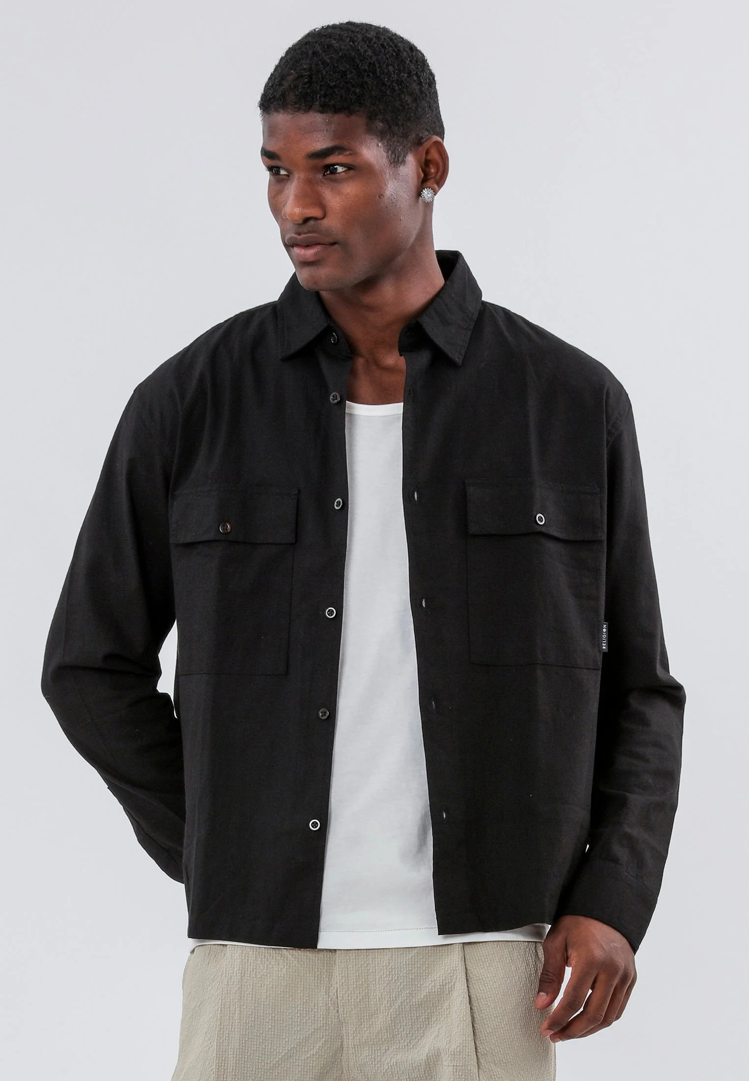 TWO POCKET RELAXED LINEN BLEND SHIRT BLACK - Image 5