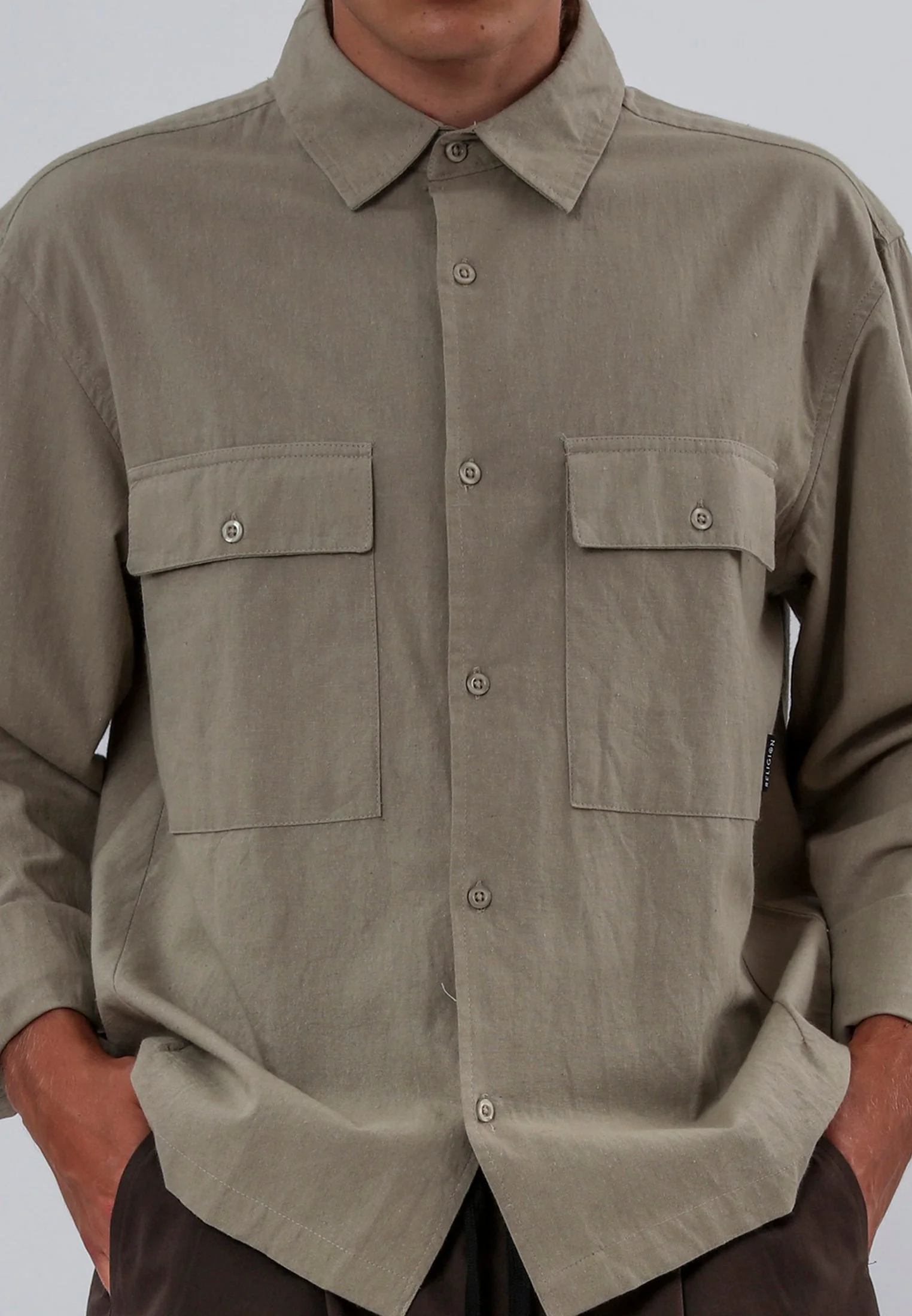 TWO POCKET RELAXED LINEN BLEND SHIRT LIGHT KHAKI - Image 6