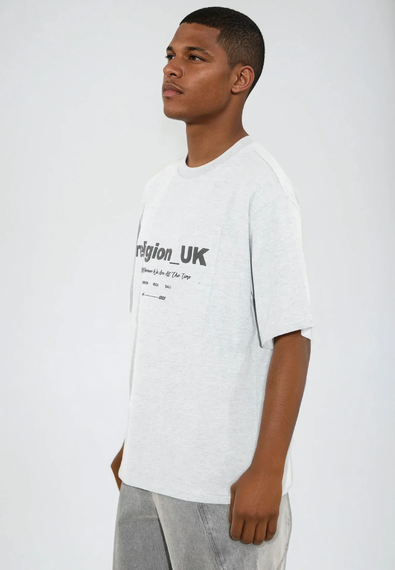 RELIGION UK T-SHIRT LIGHT GREY MARL - Image 3