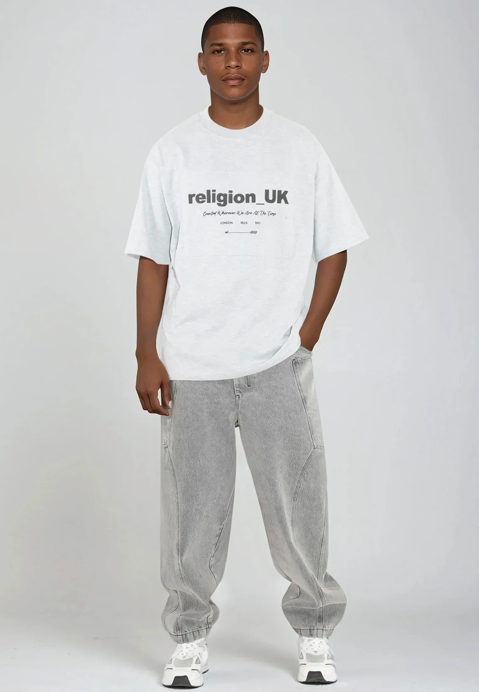 RELIGION UK T-SHIRT LIGHT GREY MARL - Image 4