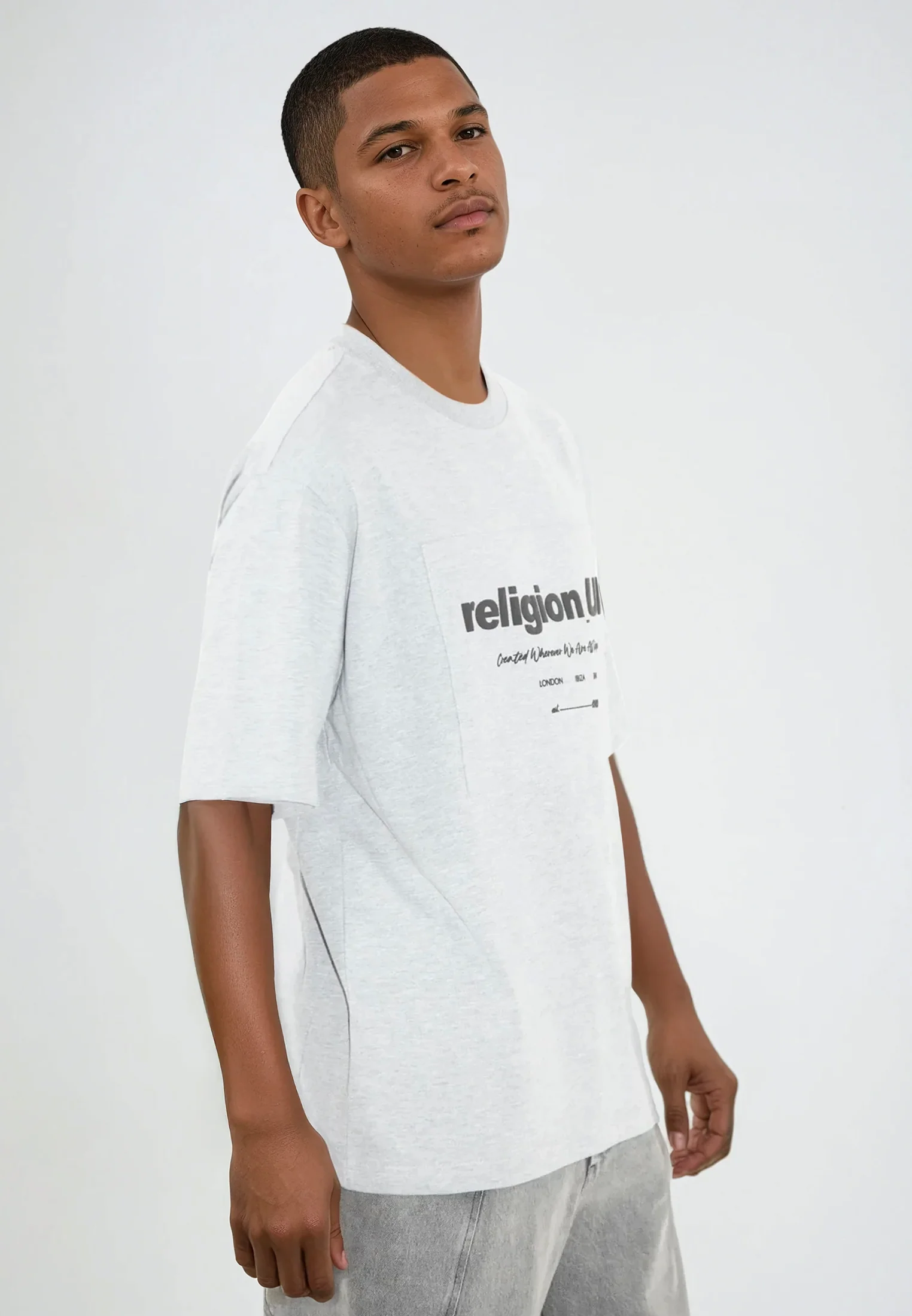 RELIGION UK T-SHIRT LIGHT GREY MARL - Image 6
