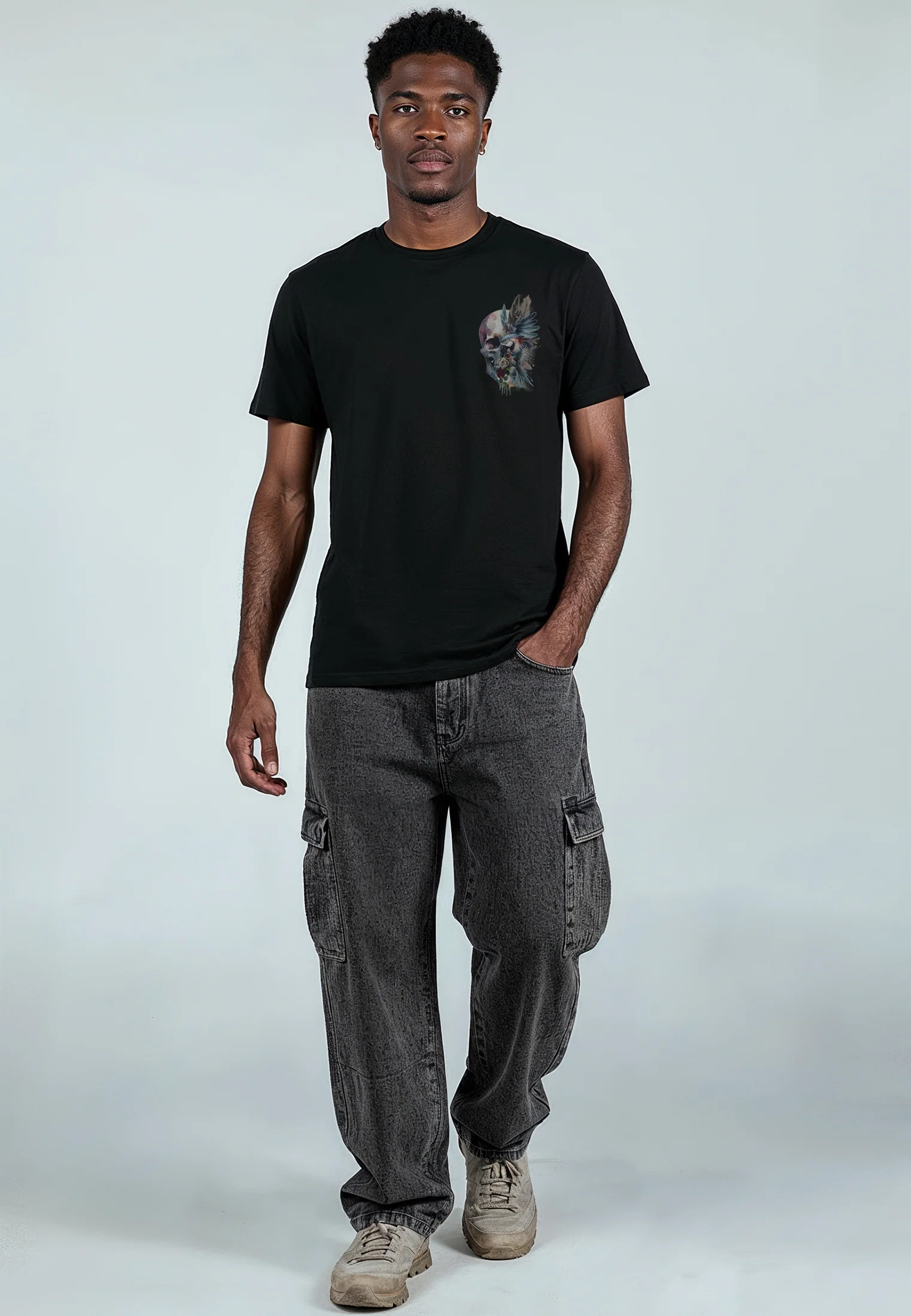 WATER COLOUR SKULL T-SHIRT BLACK - Image 4